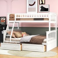 CHITA Twin Size over Full Size Modern Wood Bunk Bed with Convertible to 2 Beds 2 Storage Drawers Stairs Guardrails White one_size | LZ-BEDS-93