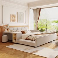 Streamdale Furniture Streamdale Queen Size Upholstered Grounded Bed with Bedside Desk and Stool Beige one_size | SF000112AAA-1