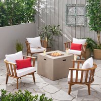 Christopher Knight Home Ridgeview Outdoor 4 Seater Acacia Wood Club Chairs and Fire Pit Set-Teak+ White+ Light Gray Polyester | 309630