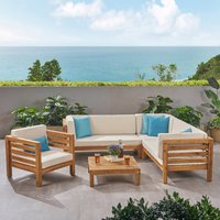 Christopher Knight Home Oana Outdoor 6 seat Acacia Sectional Sofa Club Chair Set-Teak Finish, Beige | 308474