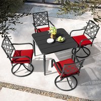 Nuu Garden 5 -Piece Straight Leg Table Patio Dining Set Iron Square Table with 4 Red Cushions Swivel Chairs one_size | SID152S-T321