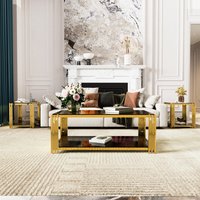 ModernLuxe Assembly Required Living Room Table Set of 3 with 1 Coffee Table and 2 End Tables Rectangle Tempered Glass Asymmetrical Metal Gold Finish