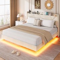 GarveeLife Floating Bed Frame with LED Lights and Charging Station Upholstered Platform Beds with Storage Headboard and Folding Shelves Storage