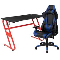 Emma + Oliver Gaming Bundle-Desk; Cup Holder/Headphone Hook and Blue Reclining Chair | 889142613626