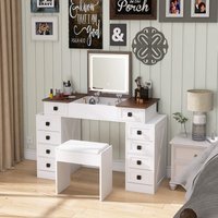 LOVMOR Vanity Desk with Dimmable LED Light with 10 Drawers Makeup Table with Flip Up Mirror for Space saving Large Storage Vanity Table Set White