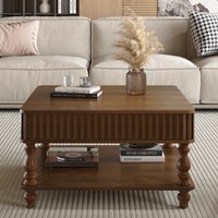 Coolbibila 31 Inch Walnut Square Lift Top Coffee Table with Hidden Storage and Solid Wood Legs for Living Room in Brown | ETHAN-COFFEE-WALNUT