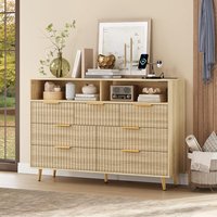 Garvee 7 Drawers Dresser for Bedroom 54in Wide Dressers with LED Lights and Charging Station Curved Profile Design Fluted Wood Drawers with Gold