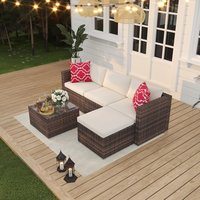 Qeetex 5 Piece Deck Patio Furniture Set Outdoor Rattan Parlor Sofa Set All Weather Sectional Sofa with Glass Storage Table and Balcony Footstool