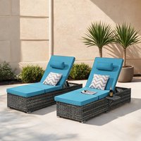 Naturefalls Patio Chaise Lounge Chairs Set of 2 with Side Table Light Blue Cushions Rattan Recliners 77 x 25 Inches Adjustable Backrest | F8SOEQ6SLSX9