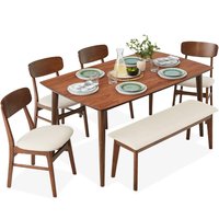 Best Choice Products 6-Piece Mid-Century Modern Upholstered Wooden Dining Set w/ 4 Chairs Bench - Walnut/Cream one_size in Brown | SKY6662