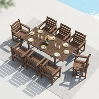 JEAREY HDPE Outdoor 9 -Piece Brown Patio Dining Set Extendable Table HDPE Rectangle Table with 2 Cushions Stationary Chairs one_size | PEZHSF07-NG