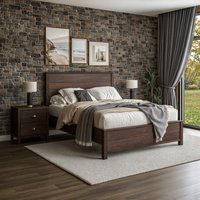 Camaflexi Queen Walnut Wood Panel Bed with Headboard in Brown | SBJ610