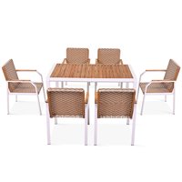 Nestfair 7 -Piece Brown Wicker Patio Dining Set Wood Rectangle Table with 6 Cushions Stationary Chairs | FEGO201242A