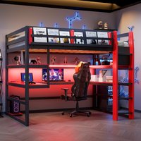 ModernLuxe Assembly Required Full Size Wood Loft Bed with DeskSide storage rackMultistorage Shelves and RGB LightRed | L3P-LT000299AAJ