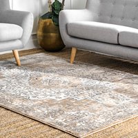 nuLOOM Thea 9 x 12 (ft) Loomed Polyester Beige Rectangular Indoor Medallion Area rug in White | LPCY01A-9012