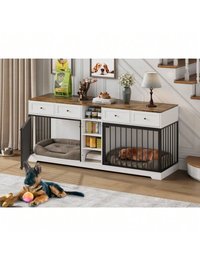 Qeetex 82 inch Large Dog Crate For 2 Dogs Dog Kennel Indoor With 4 Drawers And Shelves Double Dog Crate Furniture TV Stand Wooden Heavy Duty Dog