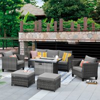 Pouuin 6 -Piece Wicker Patio Sofa Conversation Set with Dark Gray Cushions Polyester | SRFGRS200