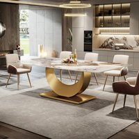 Tribesigns White and Gold Contemporary/Modern Marble Dining Table, with Powder coating Finish and Steel Pedestal Base 78.8-in L x 29.6-in H Large