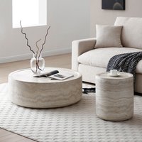 LOVMOR Set Of 2 Faux Mars Pattern Coffee Tables Side Table Round Tea Faux Travertine Textured Table For Living Room No Need Assembly one_size