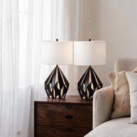 SunJet Set of Two Matte Black Metal Table Lamps with White Linen Drum Shades Contemporary one_size | 4D12J1RM1Y07