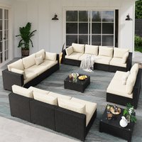 Ark Design 14-Piece Wicker Rattan Outdoor Patio Conversation Sofa Seating Set with Coffee Tables and Blue & Beige Cushions and Sofa Cover one_size