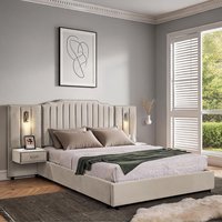 Watnature Velvet Upholstered Queen Bed Frame with Vertical Stripe Headboard Built-in Bedside Tables Adjustable Lamps Soft Beige Bedroom one_size