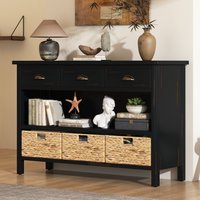 ModernLuxe Retro Console Table with 3 Storage Drawers Entryway Table with 3 Water Hyacinth Woven BasketsWooden Accent Sofa Table Buffet Cabinet for