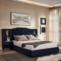SunJet Queen Velvet Upholstered Platform Bed in Blue-Toned with Vertical Stripe Headboard Integrated Bedside Table and Lamps one_size | 74WOX22FQBF3
