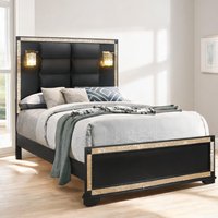 chillscreamni Contemporary Queen Bed in Matte Black with Gold Glitter Accents Solid Wood and MDF Low-Profile Frame Includes Matching Lamps one_size