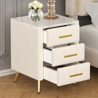 LOVMOR Upholstered Wooden Nightstand with 3 Drawers and Metal LegsHandles Bedside Table with Marbling Stickers Worktop Beige one_size
