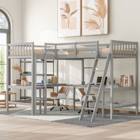 CHITA Twin Size Gray Wood L Shaped Loft Bed Ladder 2 L Desks Large | BED723-735