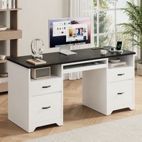 Bestier 59.06-in W Black Office Desk with Charging Station and Keyboard Tray Computer Desk with Drawers Modern Executive Desk for Home office