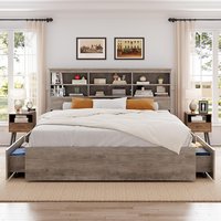 Qeetex Queen Bed Frame with Storage Headboard Wooden Bed Frame with 4 Drawers Storage Bookcase and Queen Size Platform Bed with Strong Metal Support