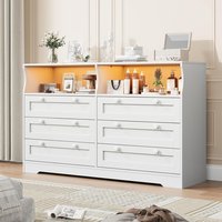 Garvee Dresser for Bedroom with 6 Drawers Large Wooden Bedroom Dressers with Power Outlet and Led Lights 55 Inch Wide TV Dresser Wood Modern 6