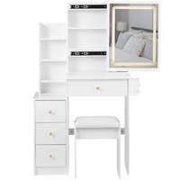 Beedesign 29.2 Inch Left Bedside Cabinet Vanity Table with Cushioned Stool 2 AC 2 USB Power Station Hair Dryer Bracket Touch Control Sliding Tri