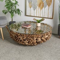 Grayson Lane Rustic Round Glass 16" Handmade Collage Round Pine 48-in W x 16-in H with Drawers Coffee Table in Brown | 64032