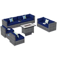 Pouuin 10 -Piece Wicker Patio Sofa Conversation Set with Navy Cushions | SRFPHOP7-7-BOX1