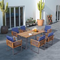 BABOOM Outdoor Dining Set 7 -Piece Black Patio Dining Set Wood Rectangle Table with 6 Navy Cushions Stationary Chairs one_size | BOM-0983NY+-CO