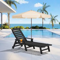 JEAREY Lounge Chair with Wheels and Cup Holder Black HDPE Frame Stationary Chaise Lounge Chair with Slat Seat Stainless Steel | TRJCTY-BK