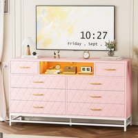 Garvee 8 Drawer Dresser for Bedroom Pink Dresser with Led Light 55 in Tv Stand Dressers with Power Outlet Large Dressers Bedroom with Deep Drawers