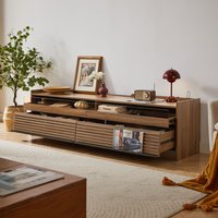 LOVMOR Mirod Modern TV Stand with Ample Storage 4 Drawer Design with Tempered Glass Built in Charging Ports and Ambient LED Lighting
