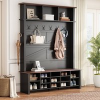 ModernLuxe Farmhouse 4in1 Hall Tree with 6 HooksPractical Walnut Entryway Bench with Adjustable Shelves Wooden Style Rustic Shoe Organizer with 16