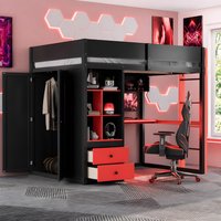 ModernLuxe Assembly Required Full Size Solid Wood Loft Bed with DeskStorage Cabinetand Wardrobe High Loft Bed with Smart APP Control LED Light Strip