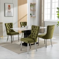 Maison Boucle Set of 4 Olive Velvet Upholstered Dining Chairs with Tufted Back Silver Metal Legs for Dining Room in Green | RUNO-CHAIR-OLIVE-4