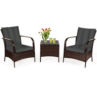 Sumyeg 3 Pieces Patio Rattan Conversation Set with Glass Top Coffee Table and Cushions 3 -Piece Rattan Patio Conversation Set with Gray Cushions