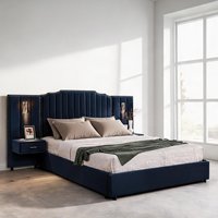 chillscreamni Queen Upholstered Velvet Platform Bed with Integrated Nightstands and Adjustable Lamps in Blue-Toned Finish one_size | B7YR4CGW0XBS