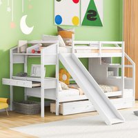 ModernLuxe Twin over Twin Bunk Bed with Storage Staircase Slide and Drawers Desk with Drawers and Shelves White | SM001811AAK