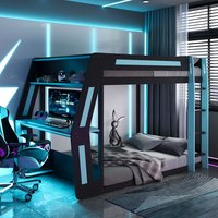 ModernLuxe Full Size Gaming Bunk Bed with Side Mounted Oversized RGB Desk USB Charging Ports and Cable Grommet LED Light Strip Heavy Duty Esports