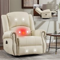 Coolbibila Beige Faux Leather Upholstered Manual Swivel Recliner Chair with Heat Massage Rocker for Living Room in White | CORA-RECLINER-BEIGE