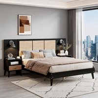 SunJet Queen High-Profile Bed Frame with Nightstands and Lamps Rattan and Solid Wood Black one_size | 3QFFDPQJ63FV